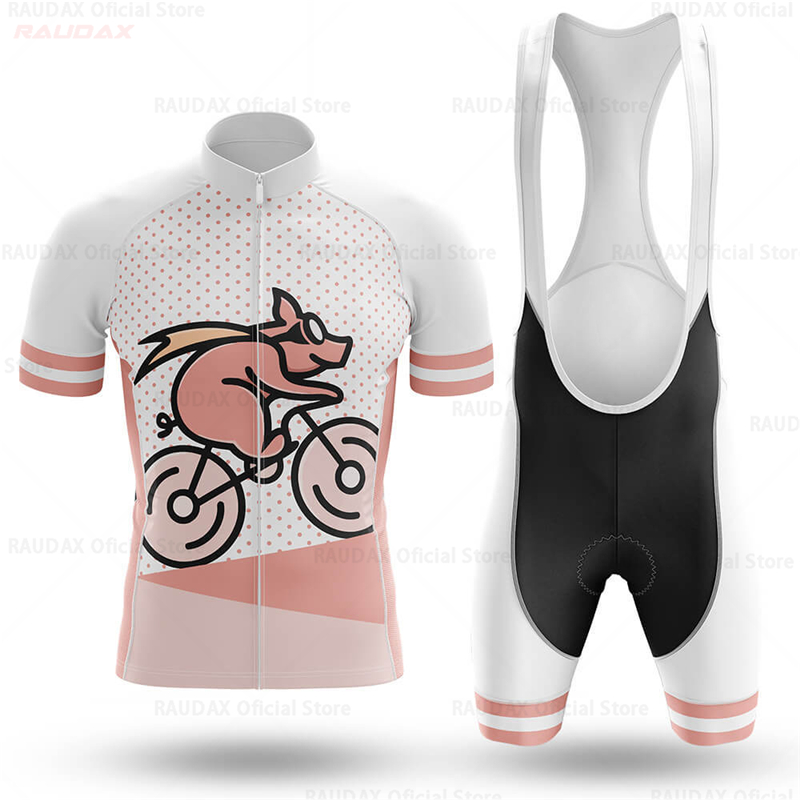 Cycling Gear For Sale - Lustiges Schweinchen-Cartoon-Anime-Radtrikot-Set für Herren, Rosa Rennradtrikot