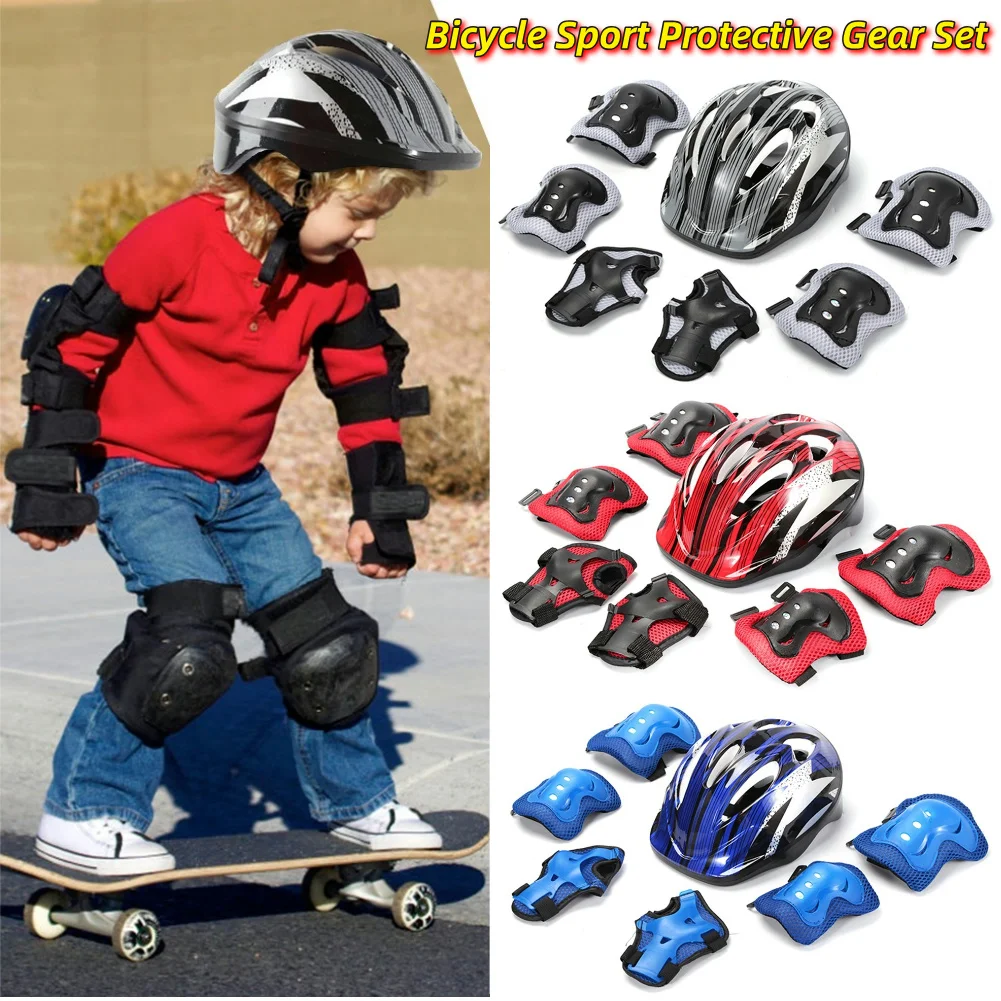 Cycling Gear For Kids - 7-teiliges Fahrrad-Sport-Schutzausrüstungsset, verstellbares Sicherheits-Skate-Helm- und Polster-Set